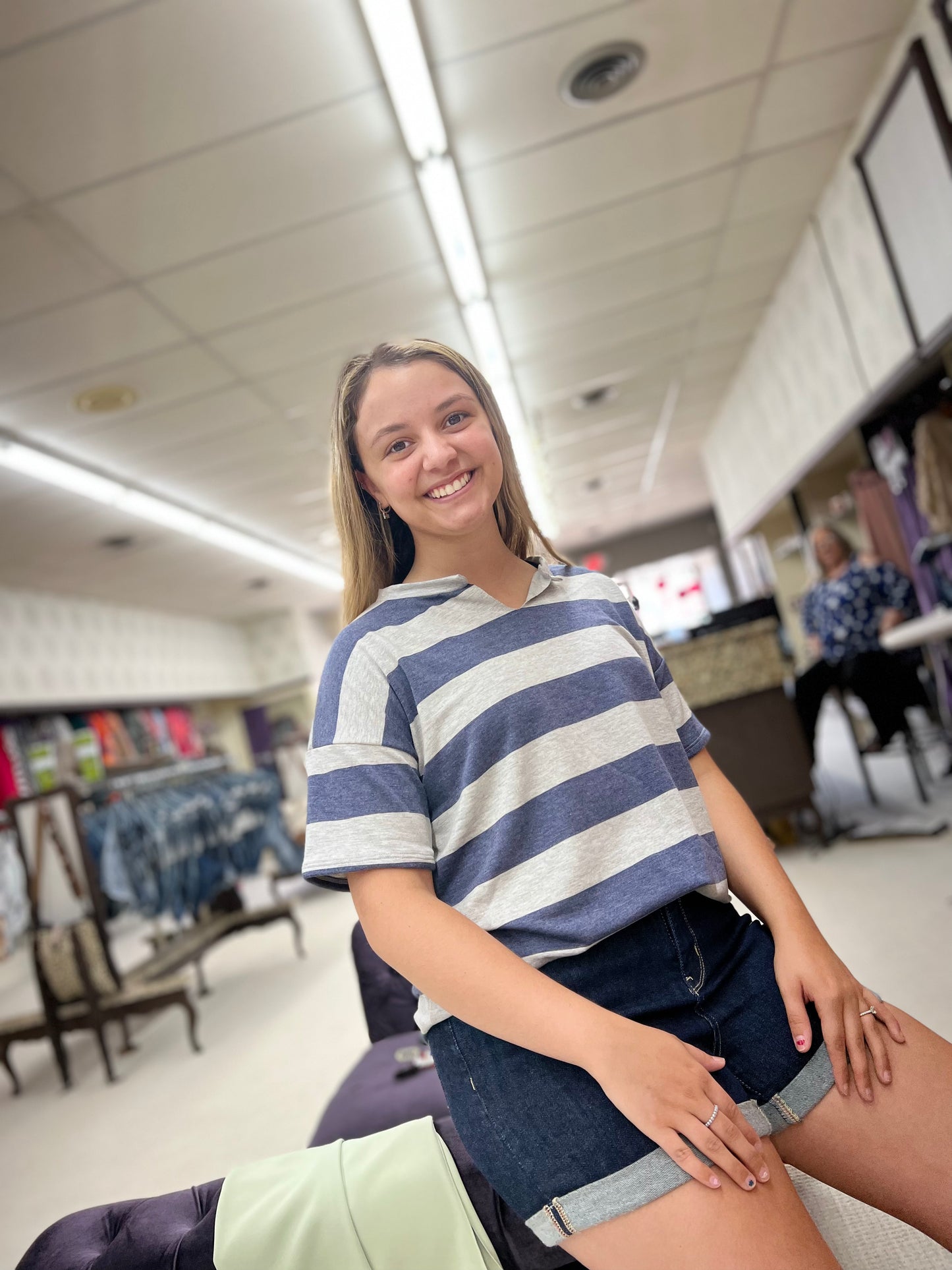Navy Stripe Short Sleeve V Neck French Terry Top