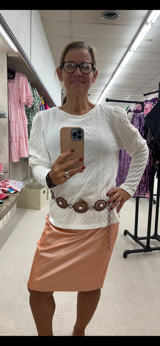 Regular Main Strip Rose Gold Back Zipper Slit Leather Midi Skirt