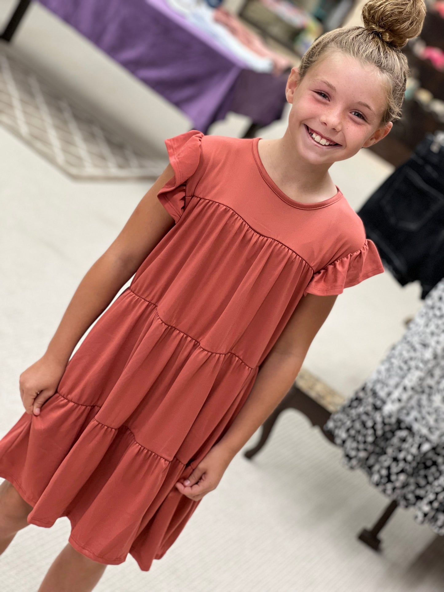 Girls Solid Ruffle Short Sleeve Layered Dress