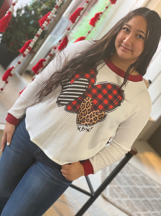 Regular Phil Love Ivory Waffle Long Sleeve Three Heart Top