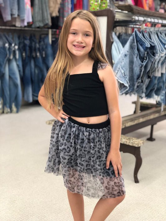 Girls Black Flutter Sleeve Ribbed Top w/ Leopard Print Skirt