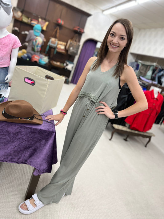 Regular Main Strip Sage V Neck Spaghetti Strap Pantsuit