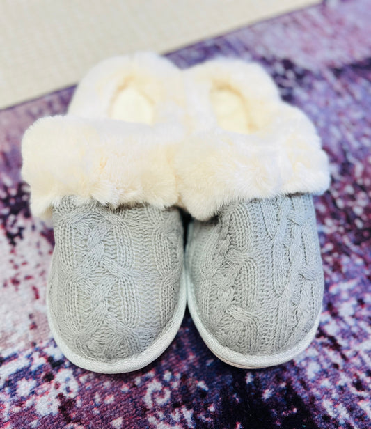 Slippers-WannaBMe- Cable Knit Faux Fur Slippers