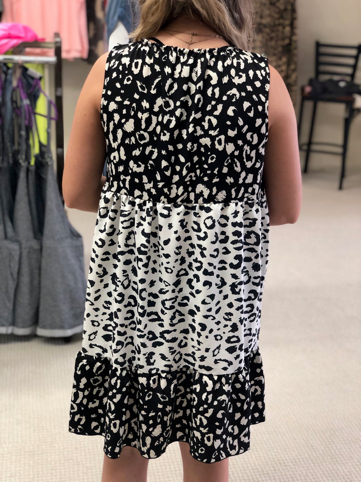 White & Black Leopard Spotted Tiered Dress