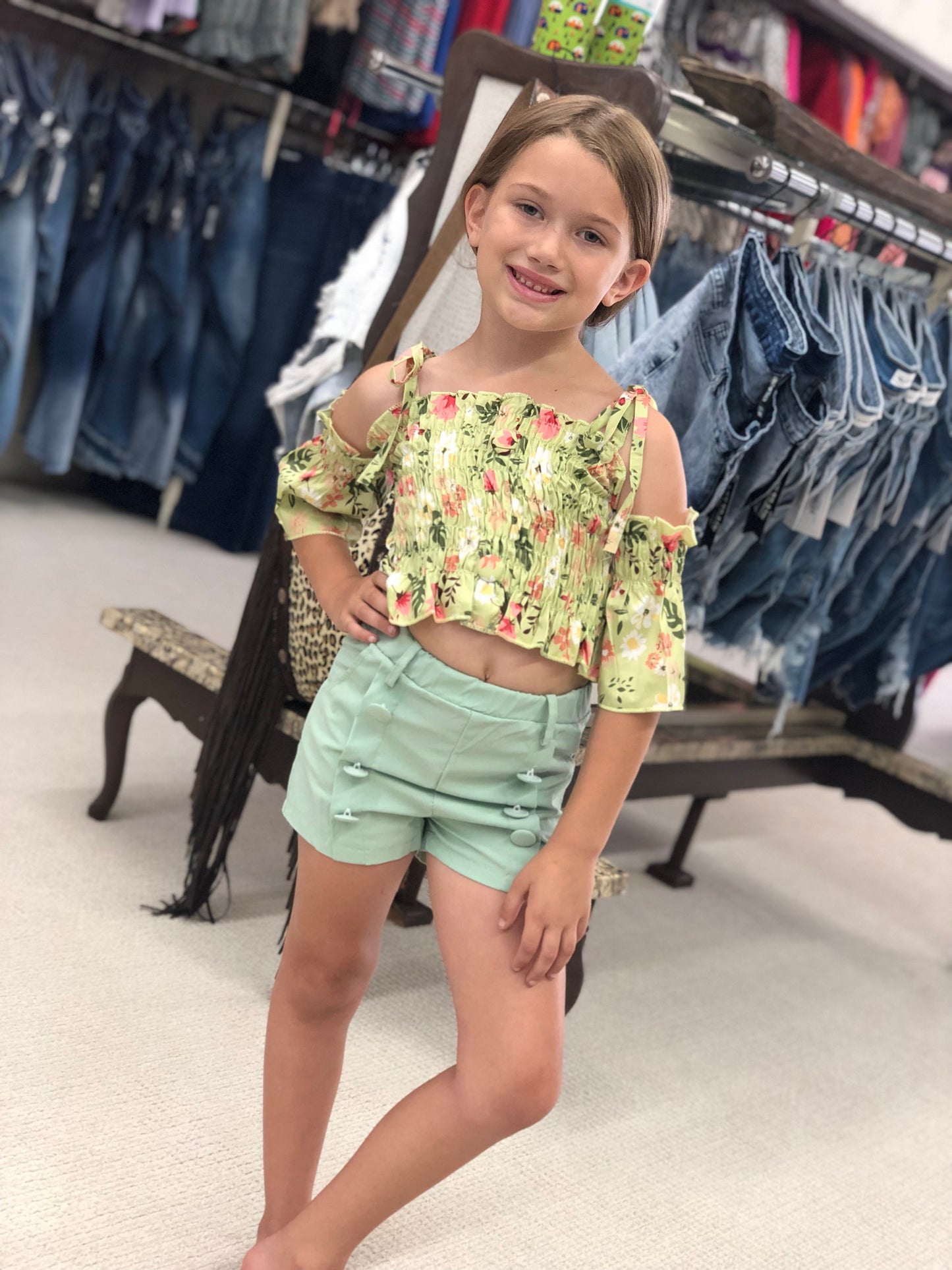 Green Leaves Stretchy Off Shoulder Top w/ Sage Shorts