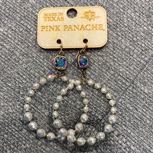Pink Panache Gold & White Beaded Hoop Earrings w/ Gold Rhinestones