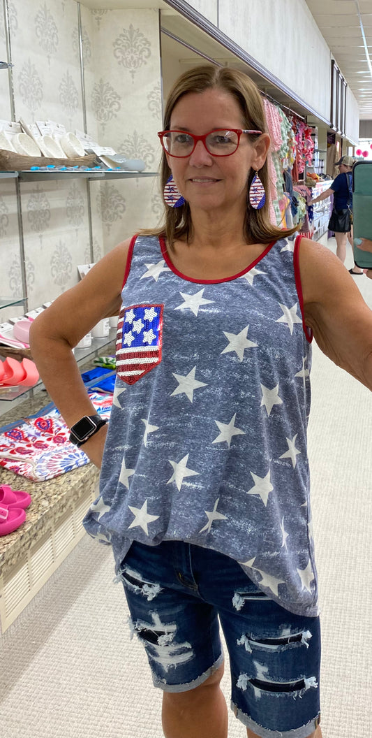 Regular eLuna American Flag Star Print Sequin Pocket Tank