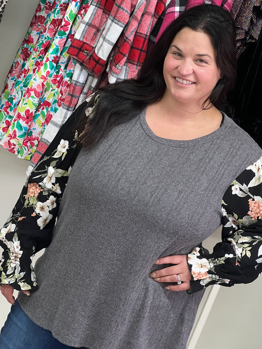 Reg & Curvy Charcoal Sweater w/Floral Sheer Long Sleeves