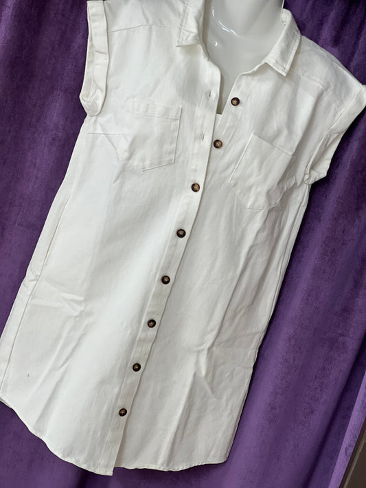 Regular SheSky Off White Button Up Short Sleeve Denim Dress