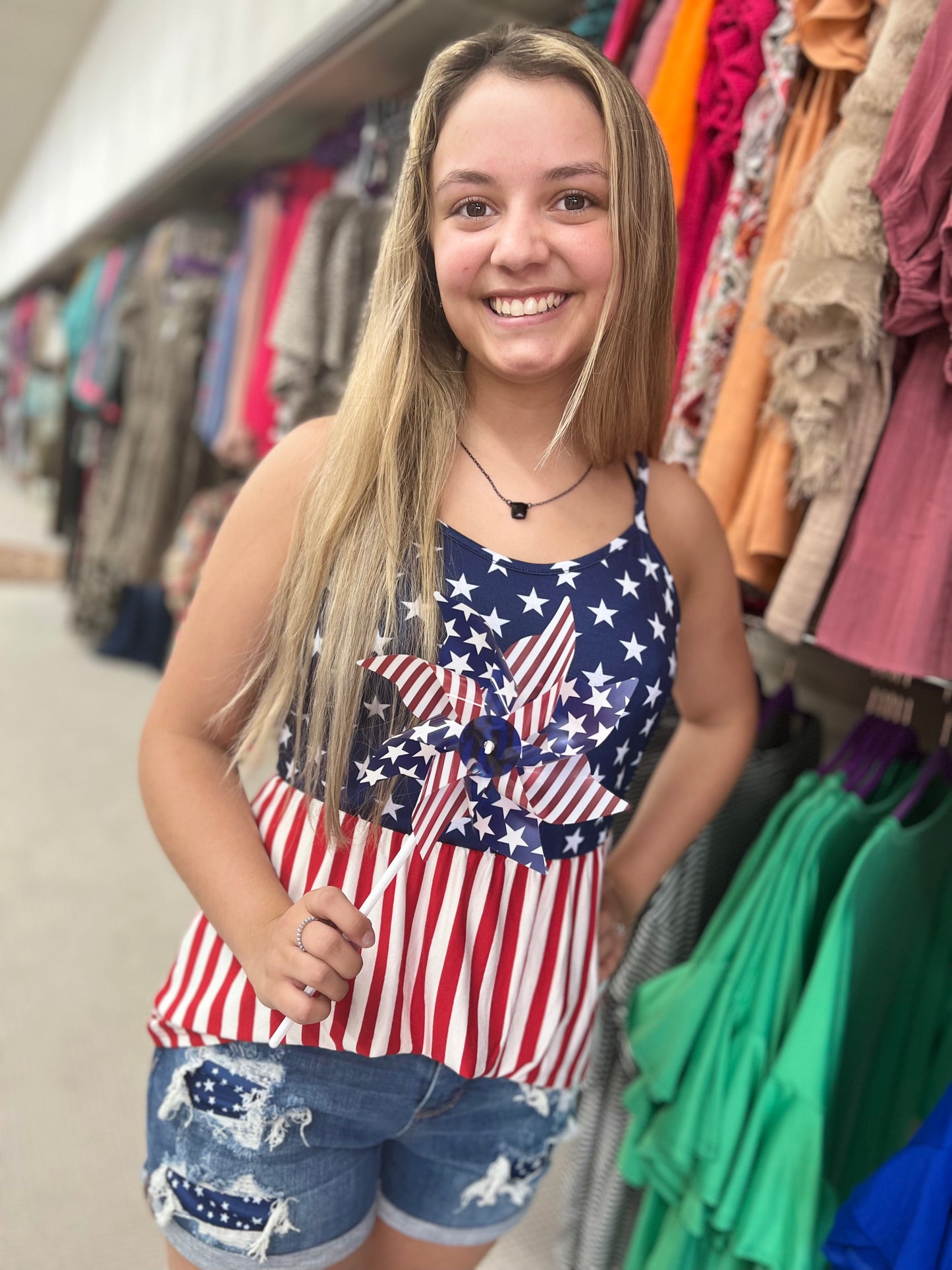 Ladies Navy Stars & Red/White Striped Spaghetti Strap Tank