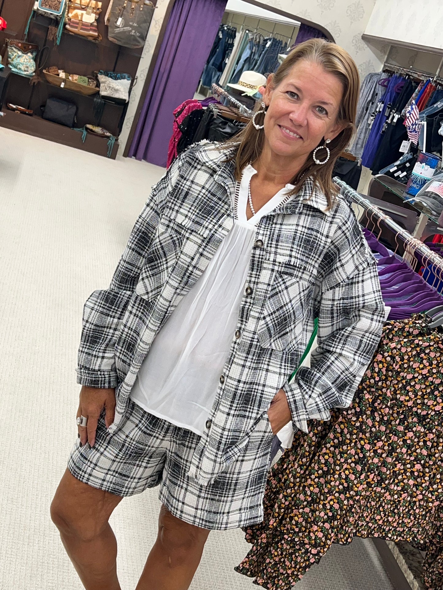 Regular Blue B Black Plaid Linen Look Button Up Top & Shorts