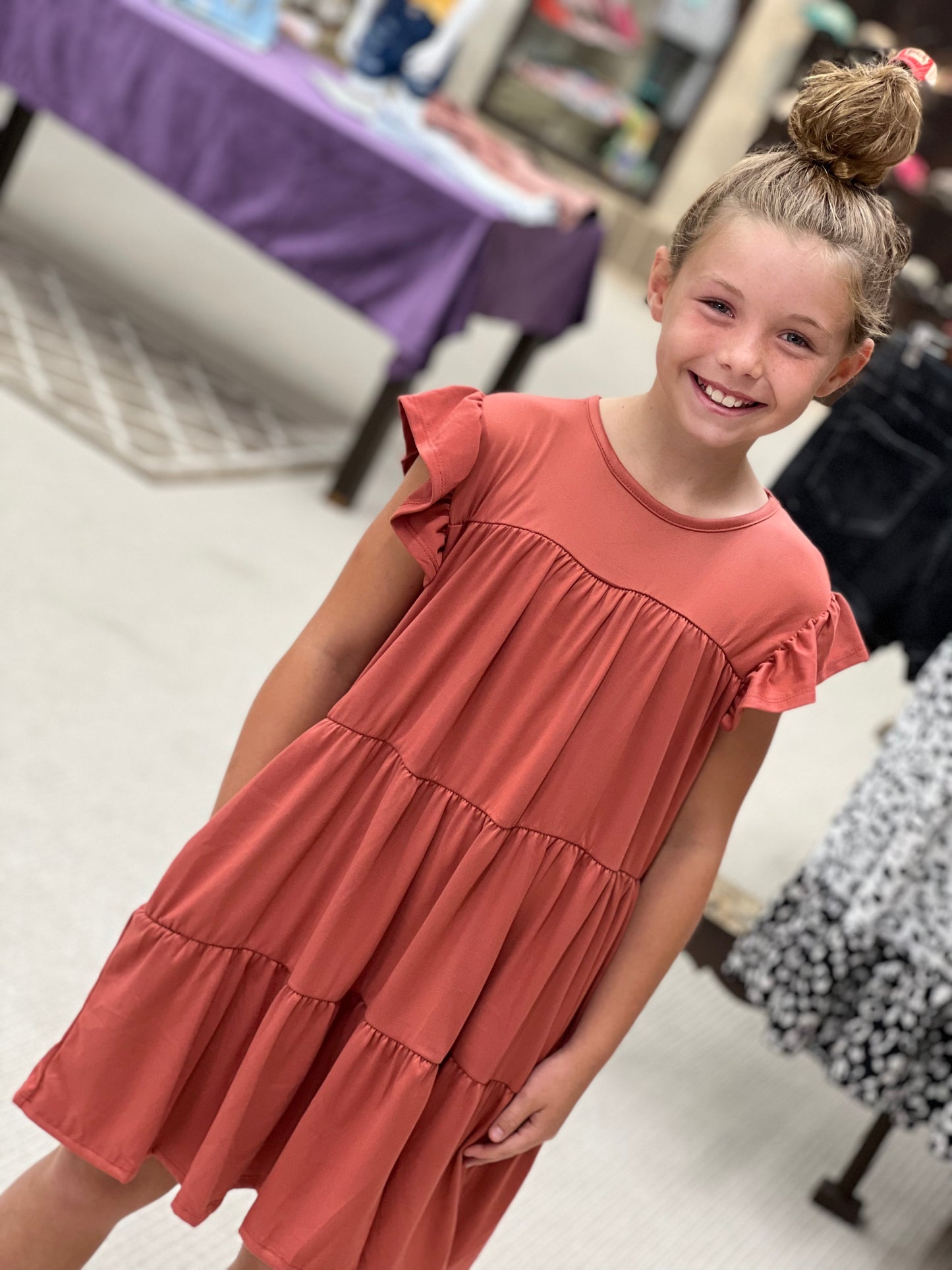 Girls Solid Ruffle Short Sleeve Layered Dress