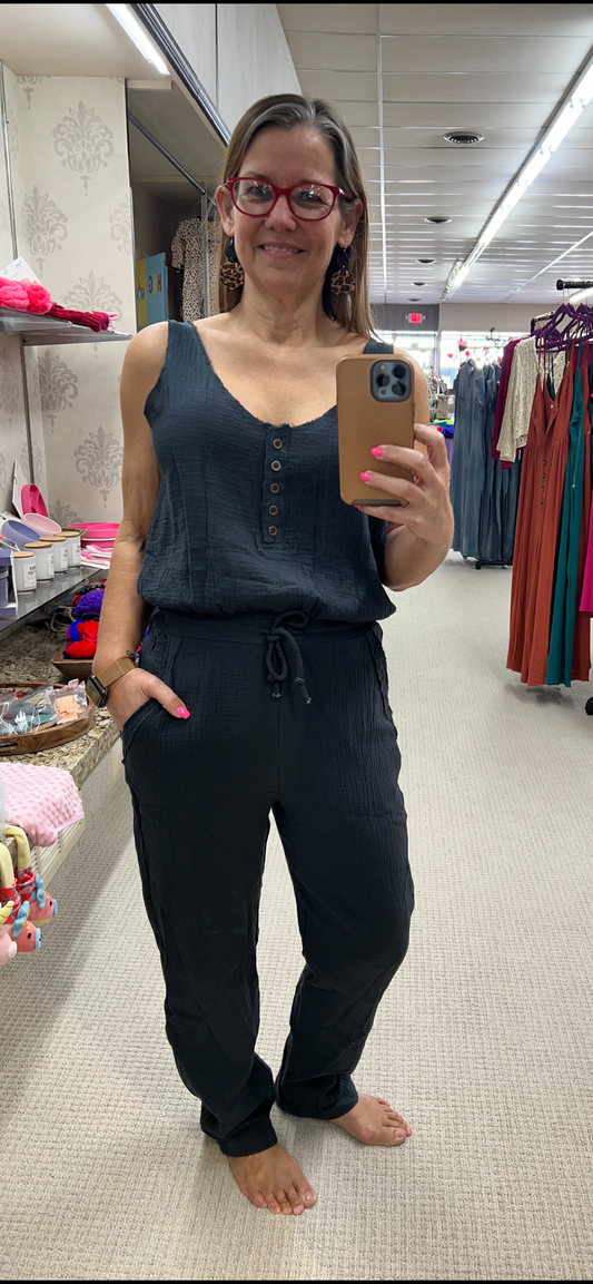 Regular Sewn&Seen Charcoal Cotton Crinkle Sleeveless Jumpsuit