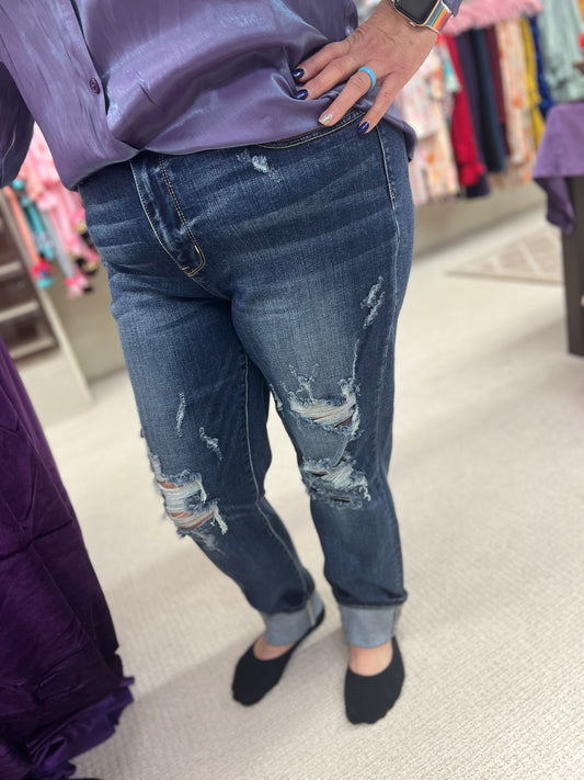 Regular Judy Blue Mid-Rise Cuffed Destroy Boyfriend Jeans