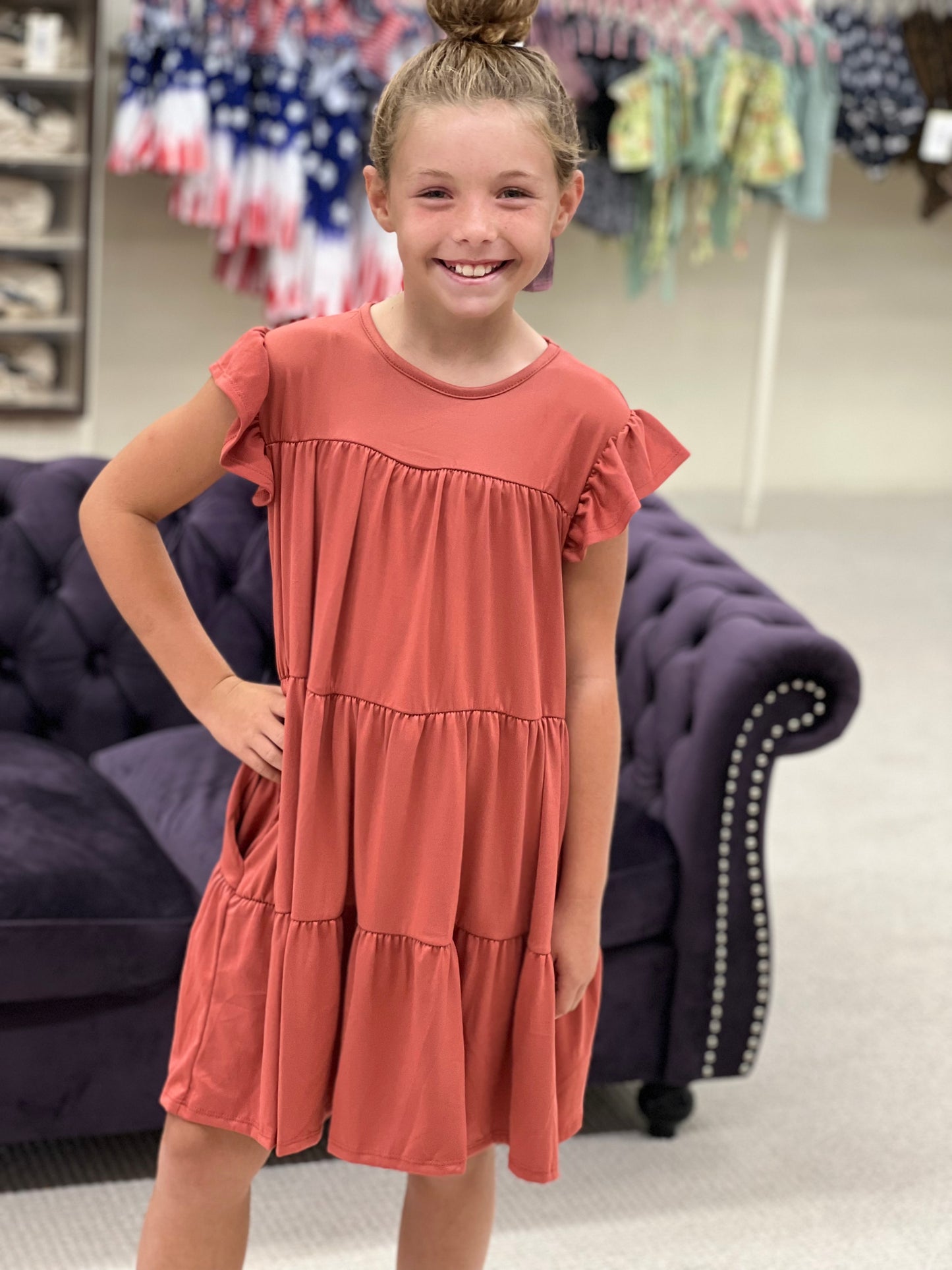 Girls Solid Ruffle Short Sleeve Layered Dress