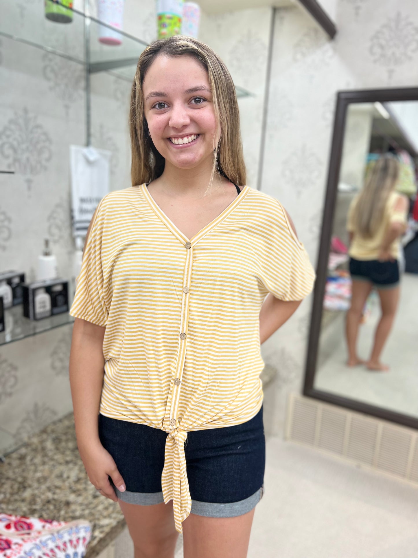 Mustard Pin Stripe Jersey Cold Shoulder V Neck Button Down Top
