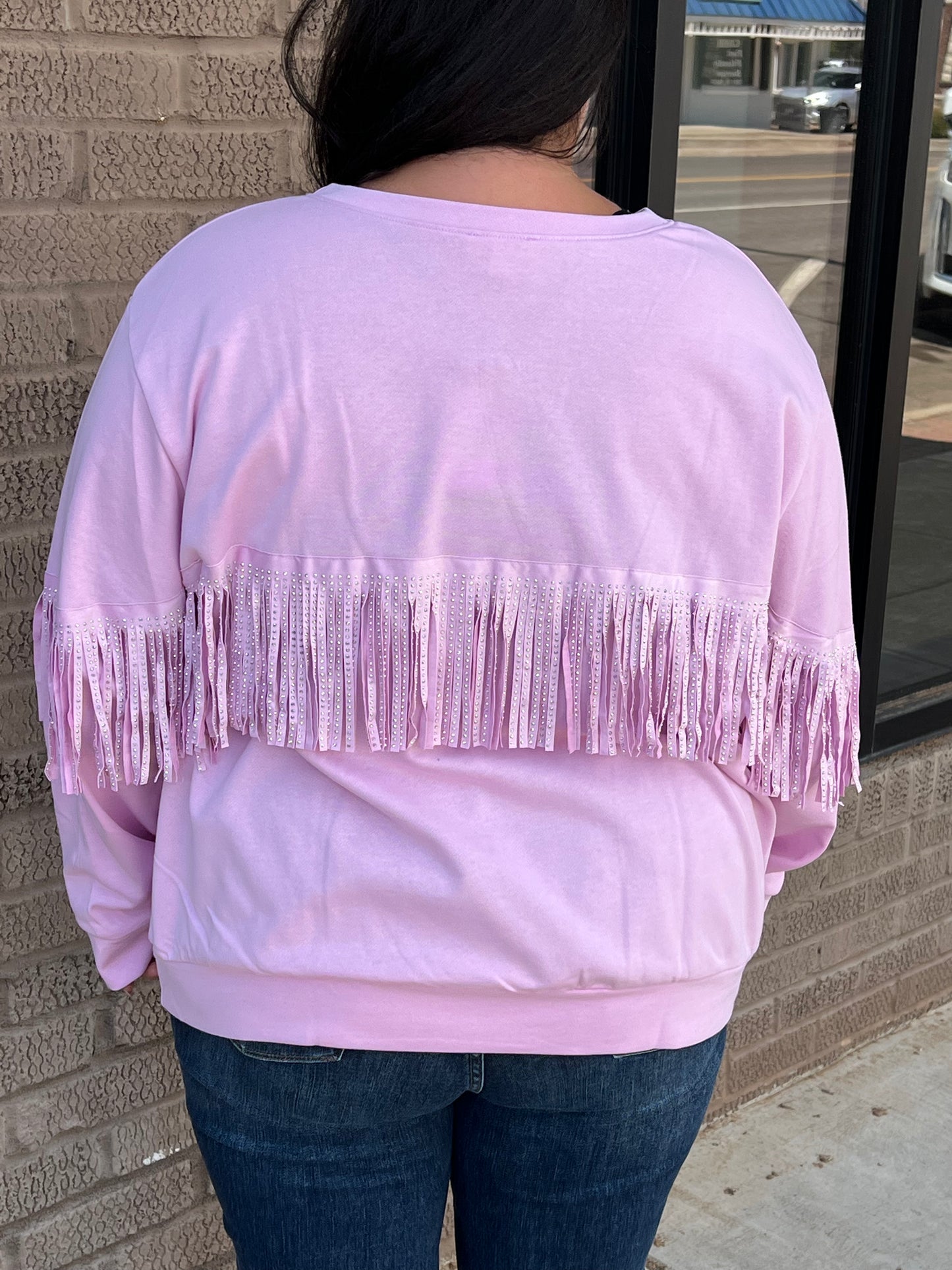 Reg & Curvy Main Strip Round Neck Sleeve & Back Stud Fringe Oversized Sweater