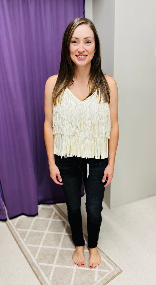 Regular Main Strip V Neck Stud Fringe Suede Top