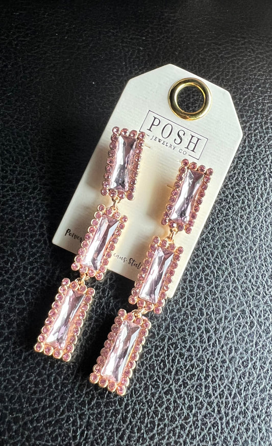 Posh Pink Triple Rectangle Rhinestone Earring