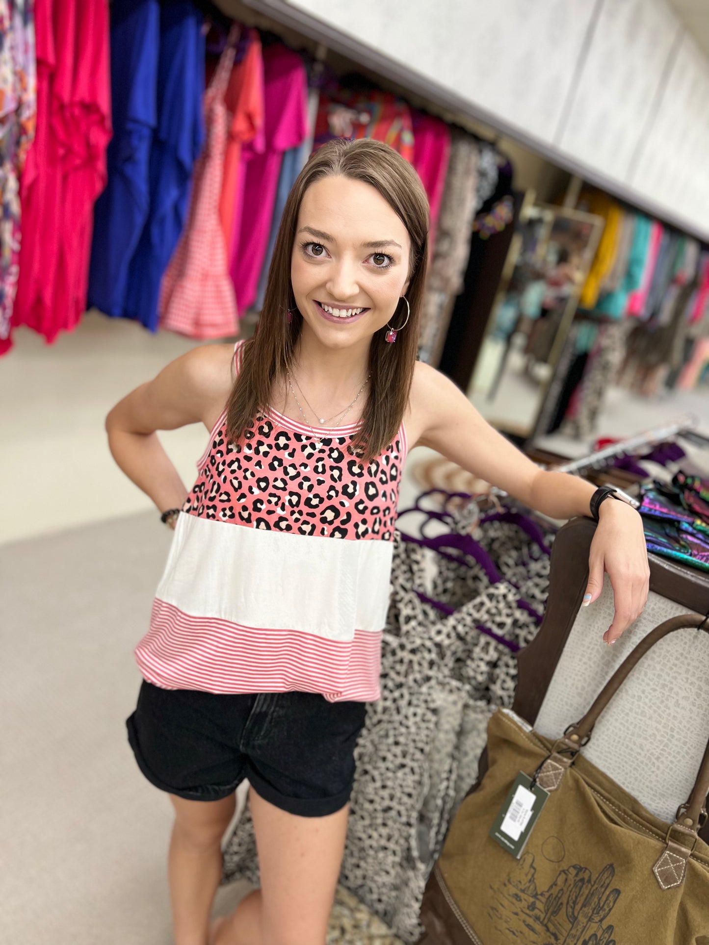 Coral Animal Stripe Solid Jersey Mix Round Neck Tank