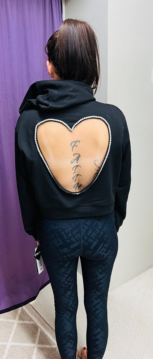 Regular Open Back Heart Shape Rhinestone Crop Hoodie