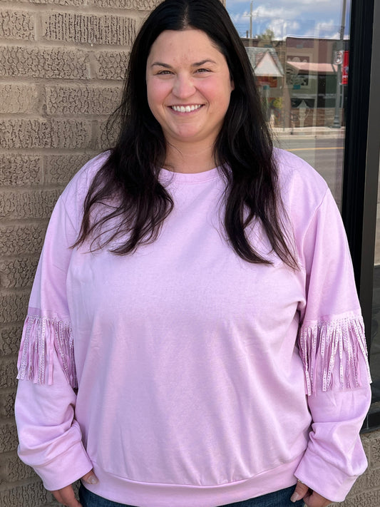 Reg & Curvy Main Strip Round Neck Sleeve & Back Stud Fringe Oversized Sweater