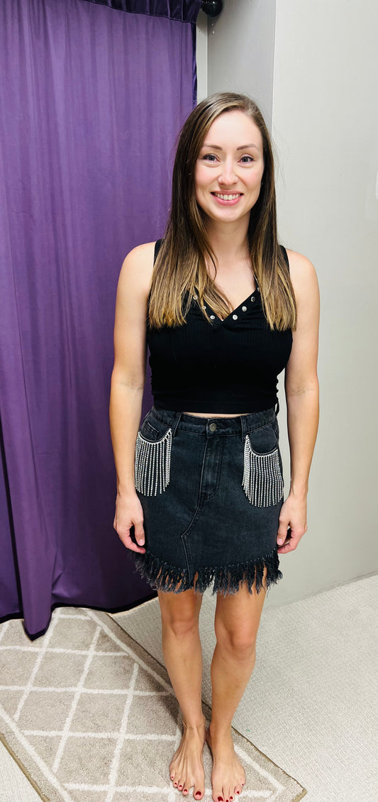 Regular Denim Mini Skirt w/ Rhinestone Fringe