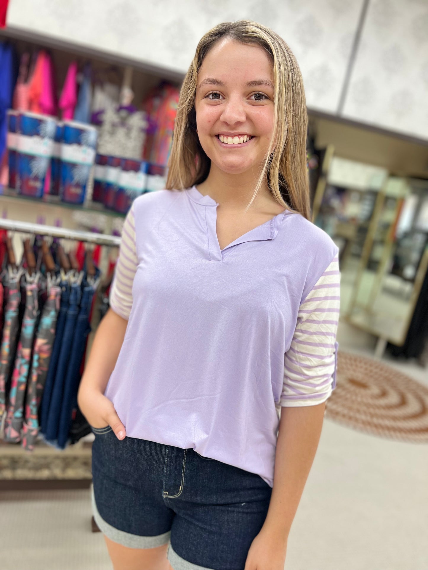 Lilac Stripe & Solid Mixed Split Half Sleeve Top