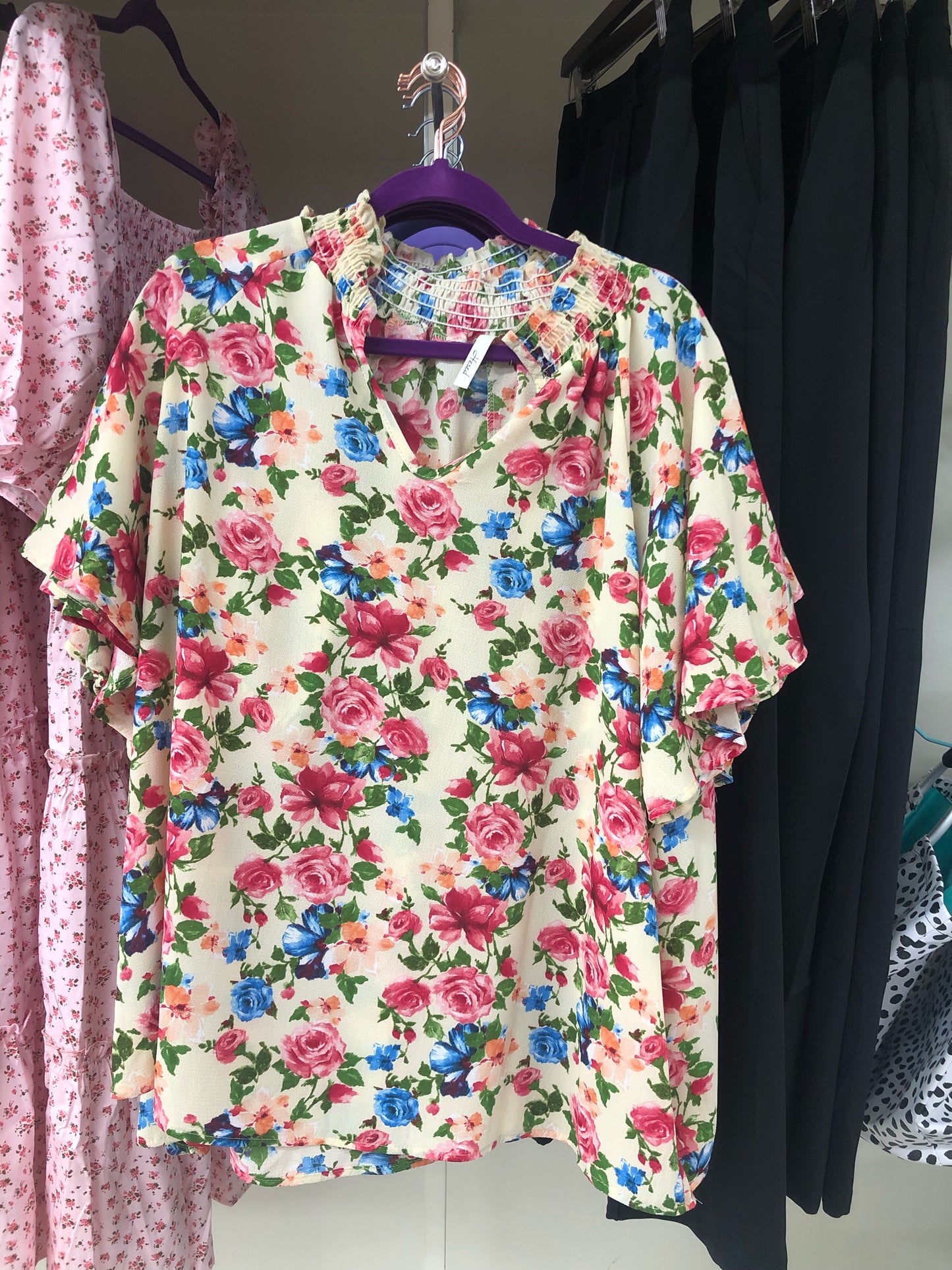 Curvy Cream VNeck Top with Flower Print