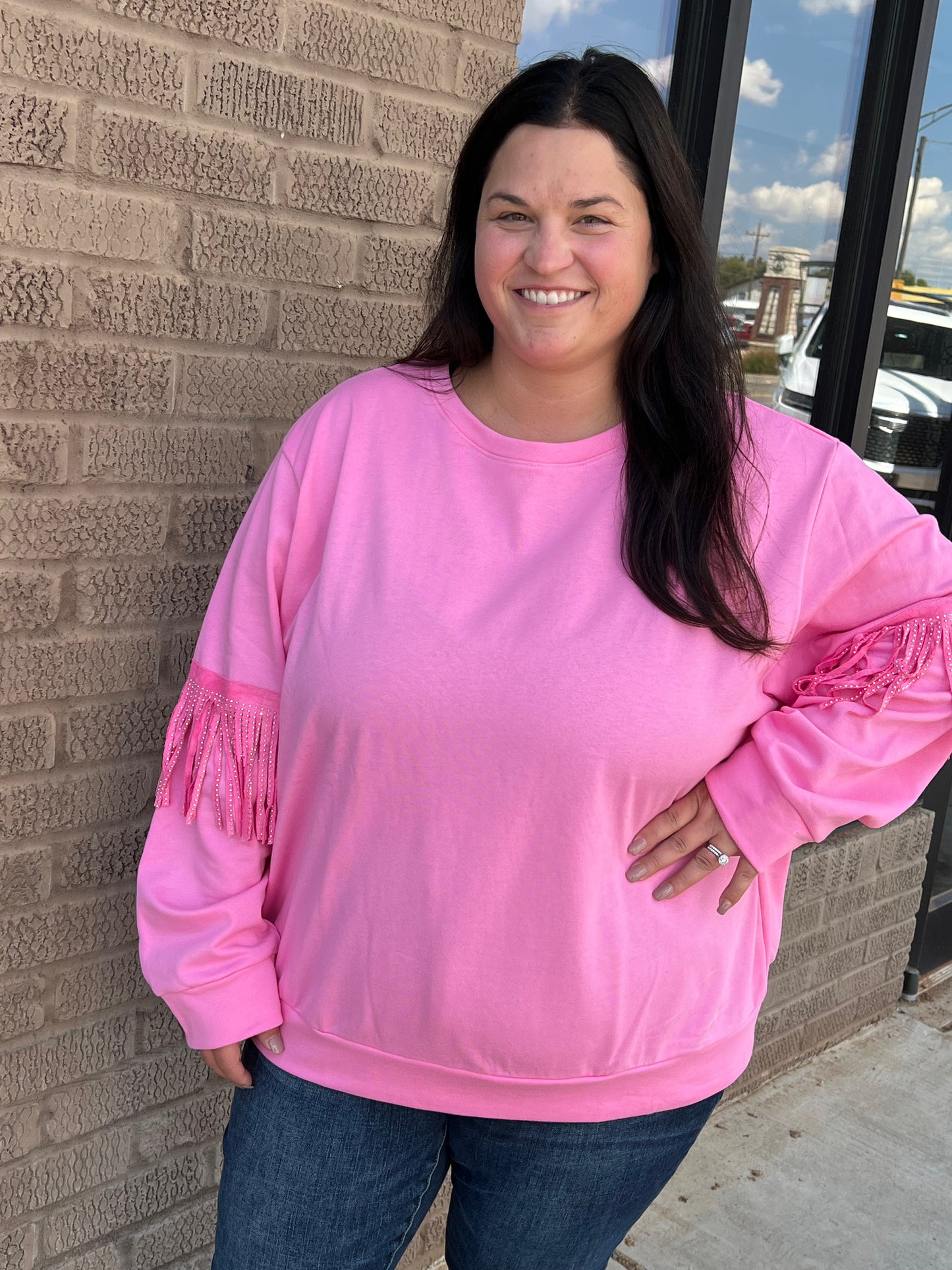 Reg & Curvy Main Strip Round Neck Sleeve & Back Stud Fringe Oversized Sweater