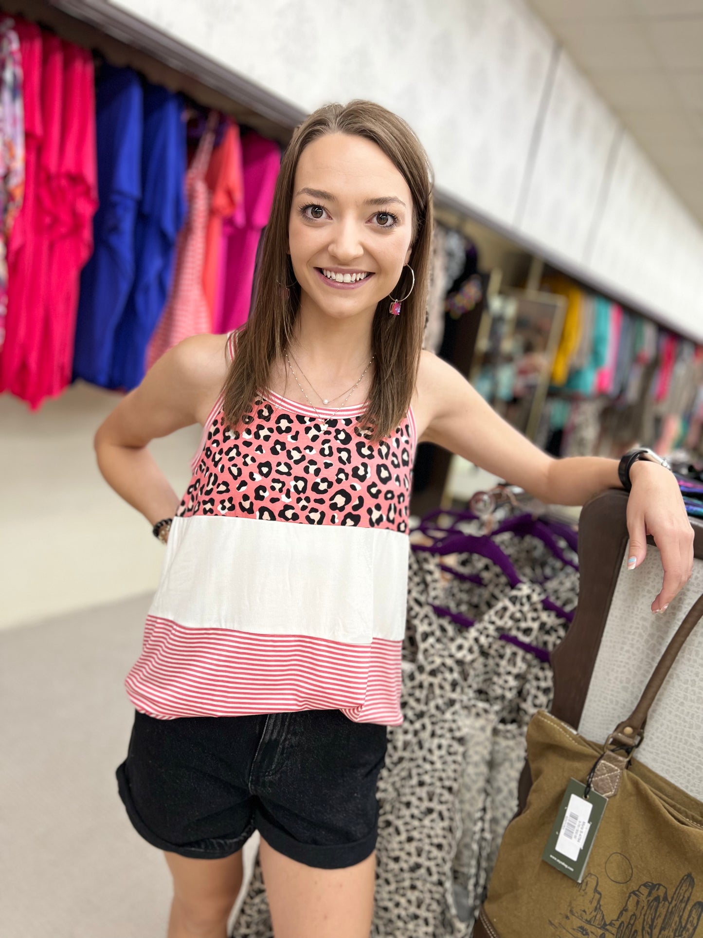 Coral Animal Stripe Solid Jersey Mix Round Neck Tank