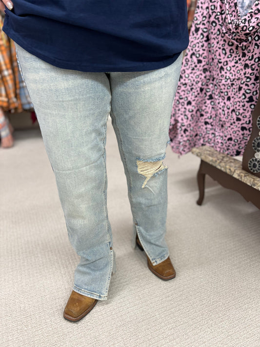Reg &. Curvy Judy Blue LT HW  Straight Fit w/ Md Destroy & Inseam Slit Jeans