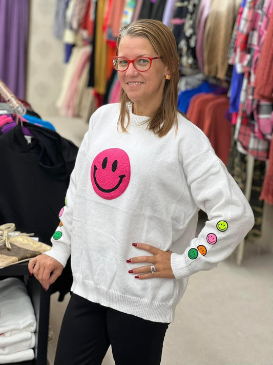 Regular Main Strip White Round Neck Happy Face Patch Oversize Sweater