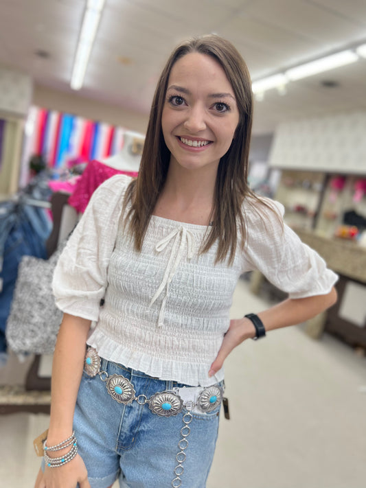 Regular Blue B Smocked Gauze Puff Sleeve Tie Front Top