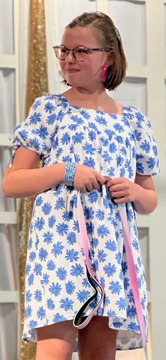 Girls Hayden Off White/Blue Flower Puff Sleeve Dress