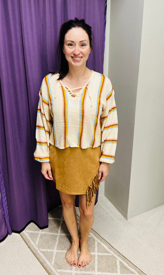 Regular El Kanna V Neck Beige Sweater w/ Vertical Stripes