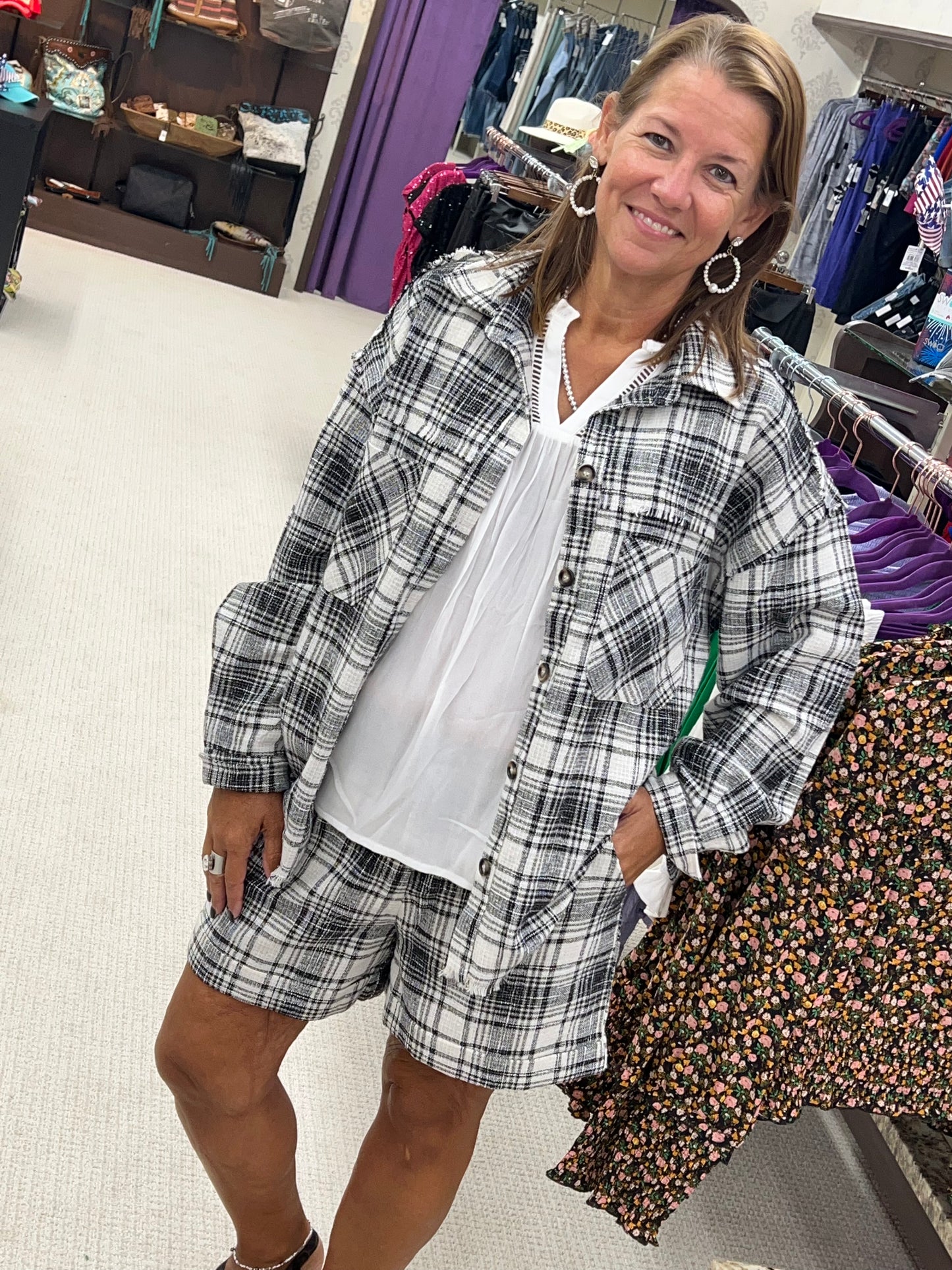 Regular Blue B Black Plaid Linen Look Button Up Top & Shorts