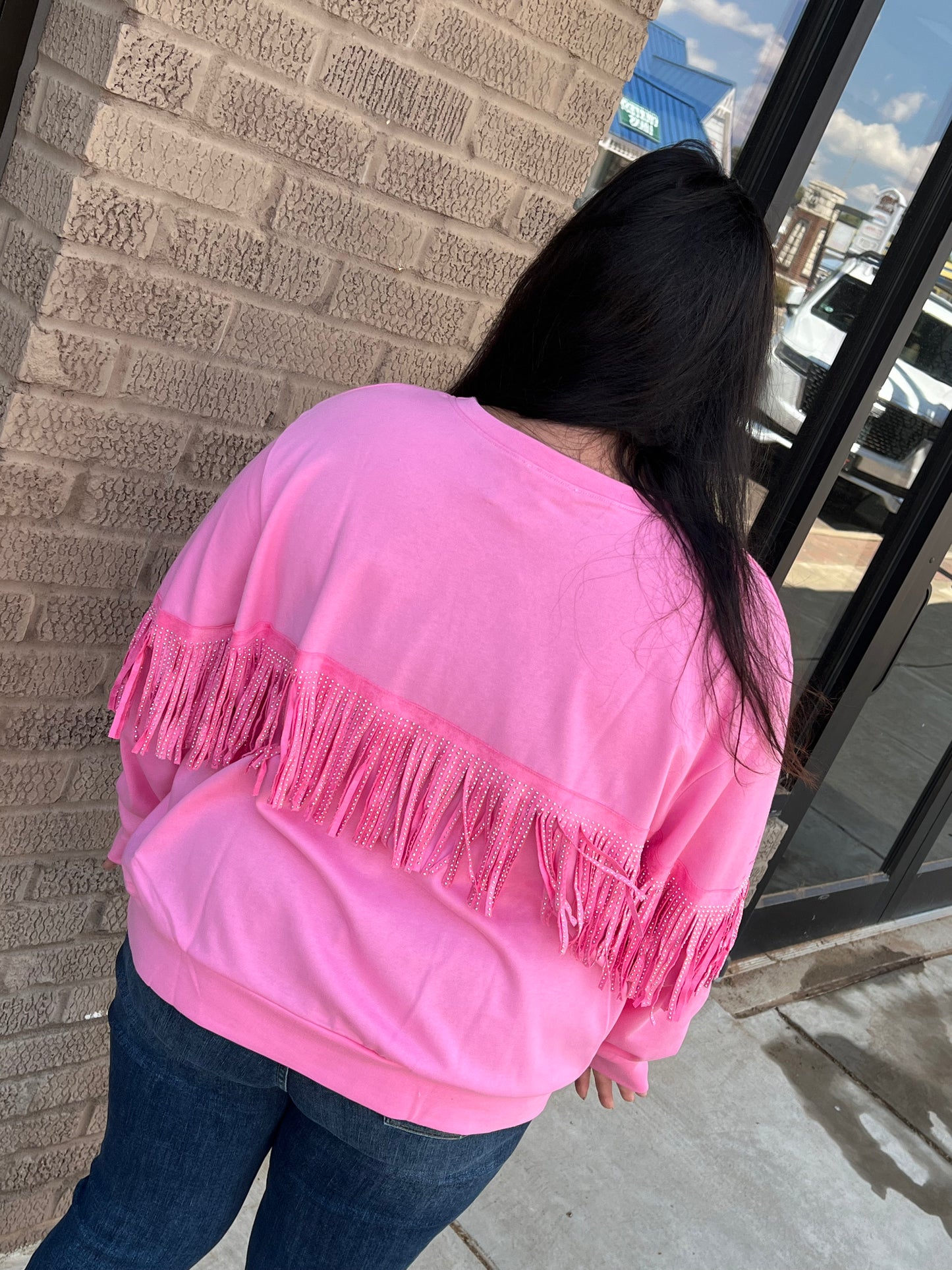 Reg & Curvy Main Strip Round Neck Sleeve & Back Stud Fringe Oversized Sweater