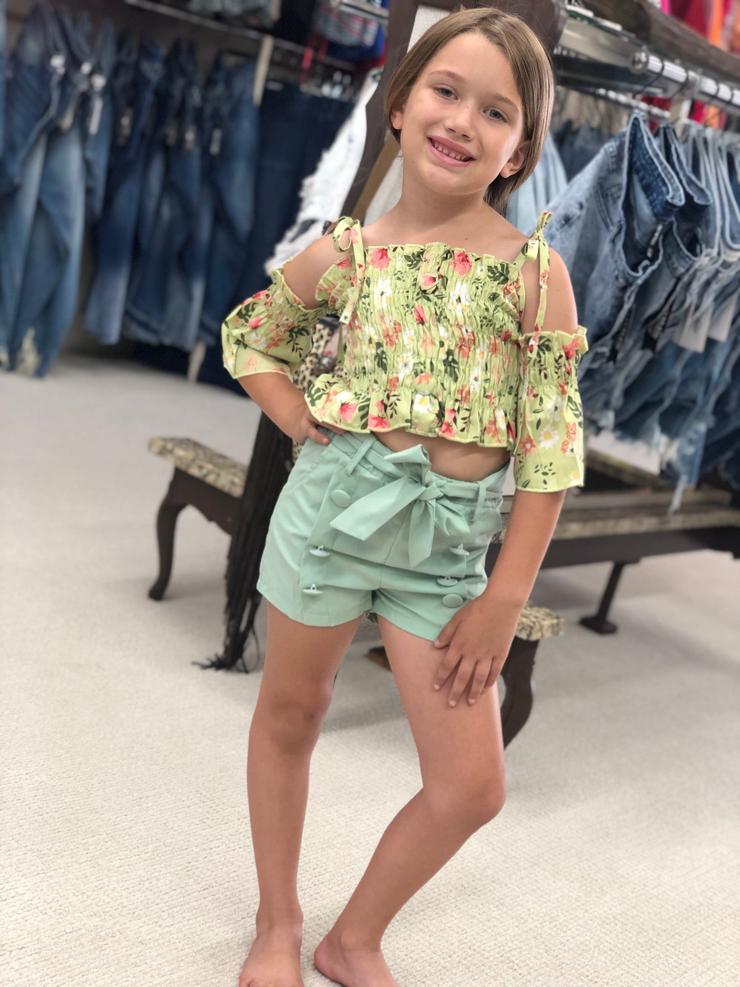 Green Leaves Stretchy Off Shoulder Top w/ Sage Shorts