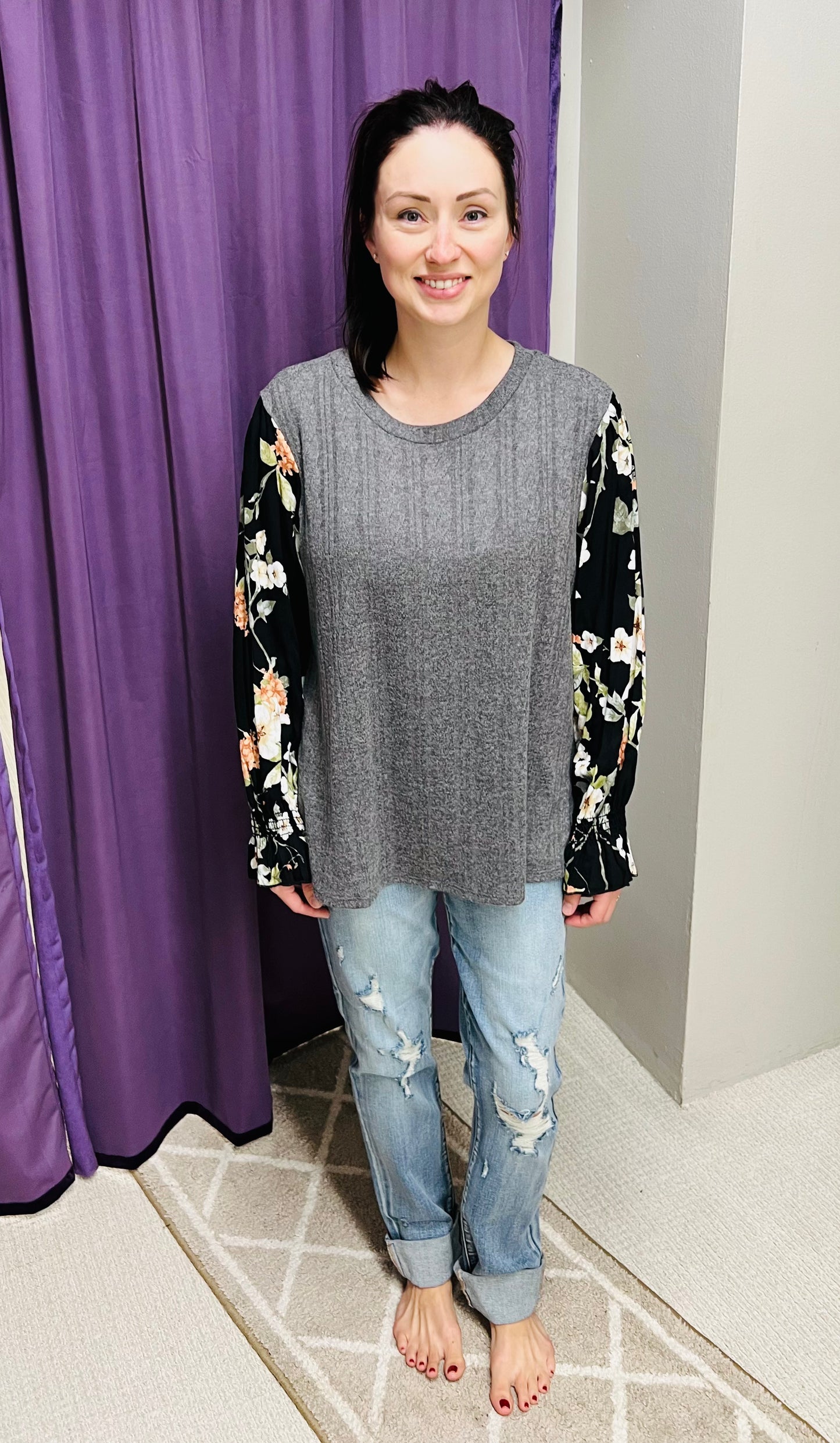 Reg & Curvy Charcoal Sweater w/Floral Sheer Long Sleeves