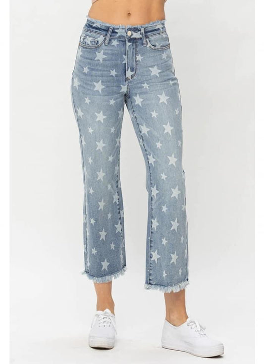 Regular Judy Blue High Waist Star Print Cropped Straight Jean