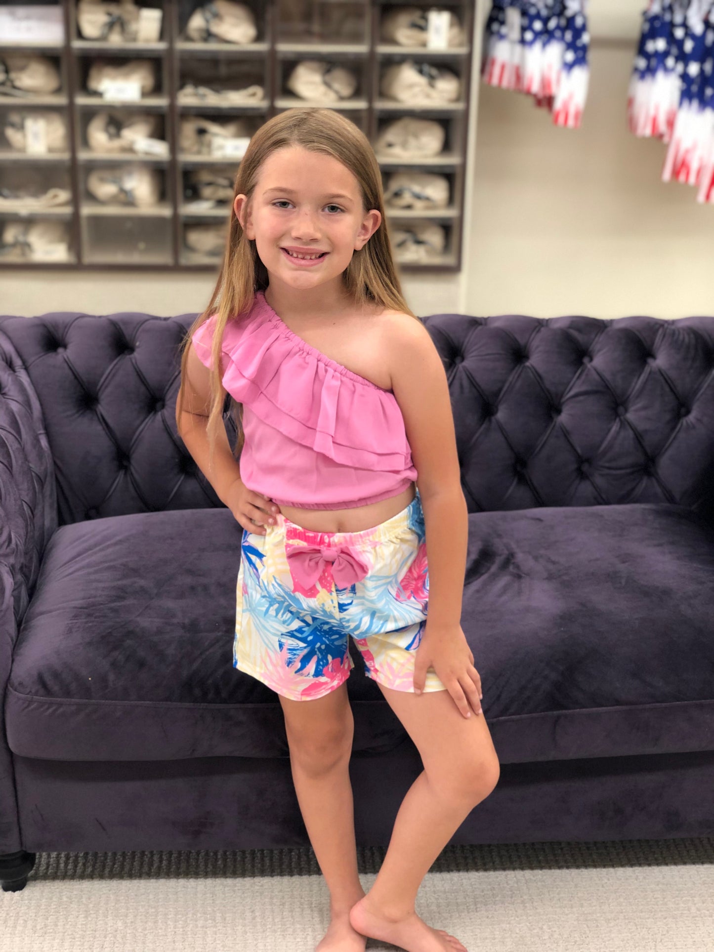 Girls One Shoulder Pink Top w/ Blue Leaves Shorts