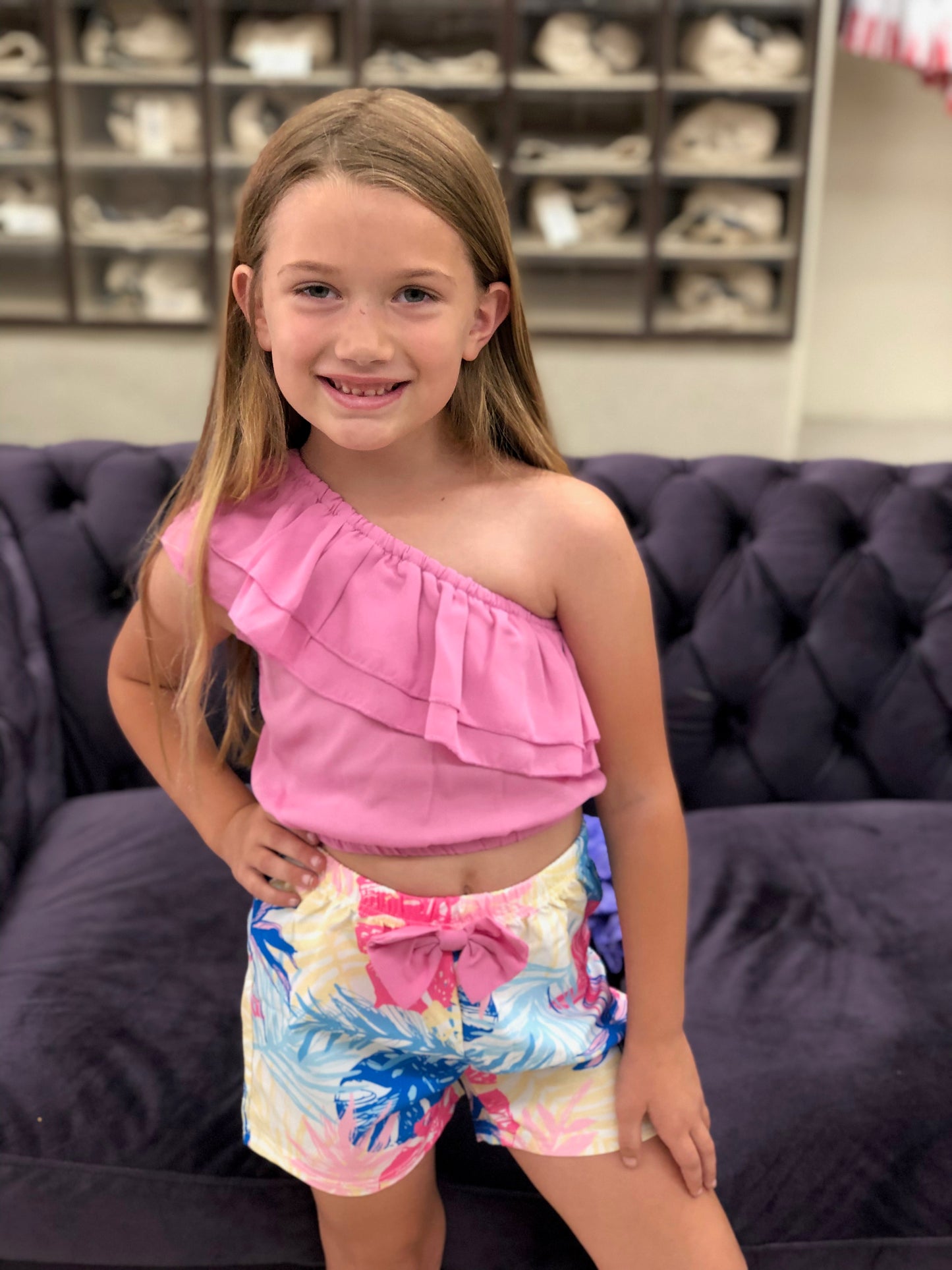 Girls One Shoulder Pink Top w/ Blue Leaves Shorts