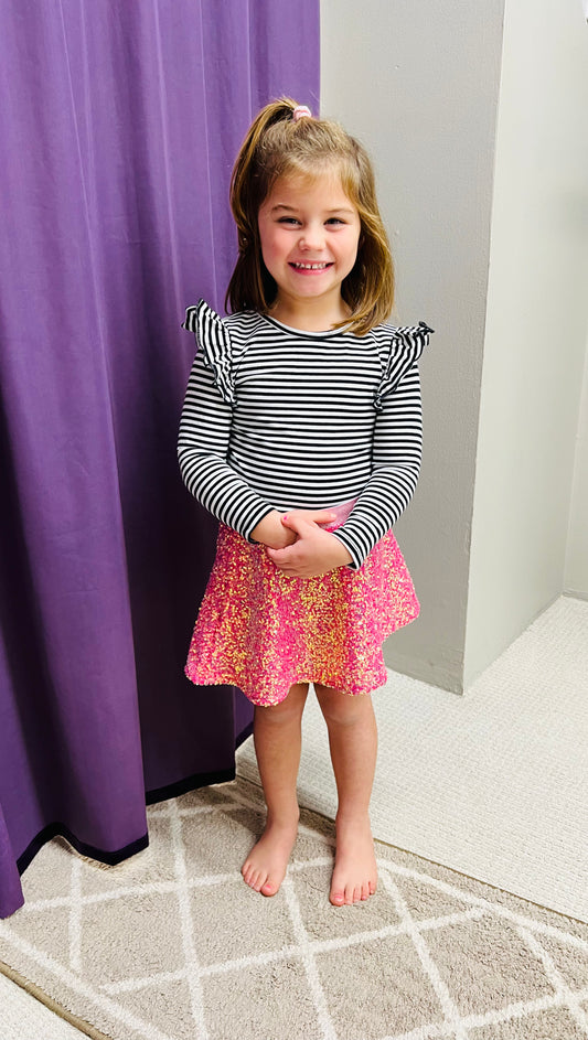 Girls Mila & Rose Black & White & Stripe Long Sleeve Ruffle Tee