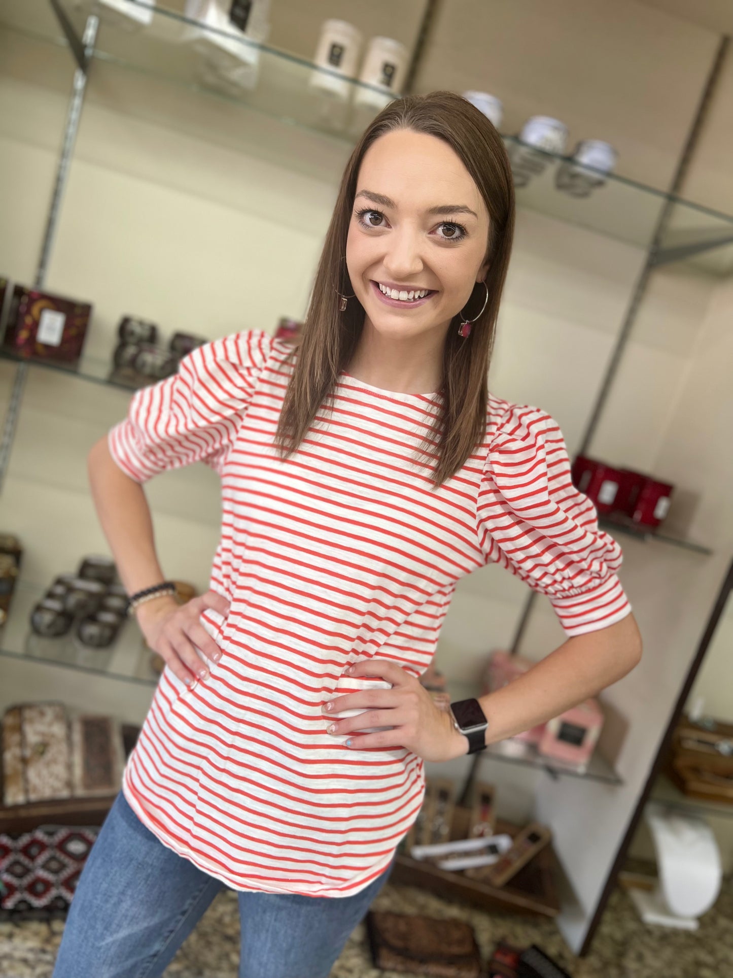 Ladies Doe & Rae White/Orange Puff Sleeve Top